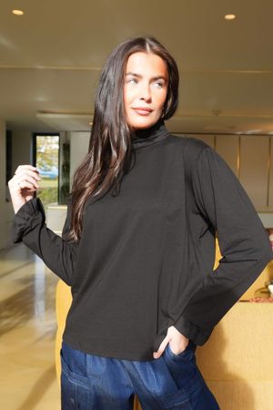 Essential Body Stretch Cotton Ruffle Neck Layering Top Black - 